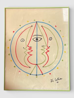peinture représentant le visage d'une femme dans un cercle, avec des lignes et des points