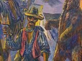 a painting of a group of men walking down the street
