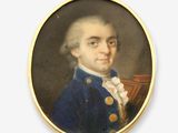 portrait d'un homme vêtu d'un manteau bleu et d'une chemise blanche