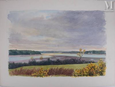 an image of a painting of a view of a lake and trees
