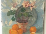 une peinture représentant une plante en pot et des oranges posées sur une table