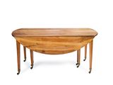 an oval table with wheels and a wooden top on a white background