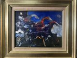 une peinture à l'huile représentant un groupe de chevaux galopant dans un champ