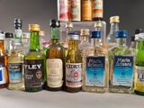 many bottles of alcohol lined up on a table