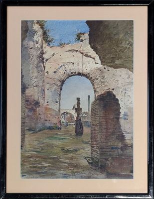 une image représentant un tableau où l'on voit un homme à cheval passant sous une arche en pierre