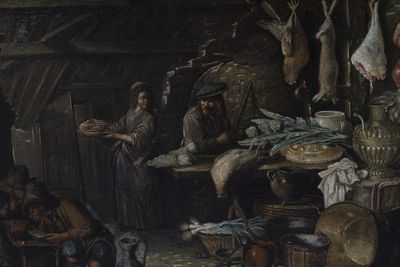 a painting of a group of people in a kitchen