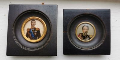 pair of framed miniature portraits of two men in military uniforms