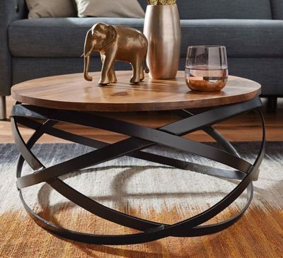 Table basse ronde design en sheesham massif et métal 60x60 c…