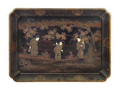 a black tray with a painting of people on it