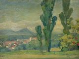 an oil painting of a green field with trees and buildings in the distance