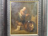 un vieux tableau représentant une femme assise sur une chaise avec un chien