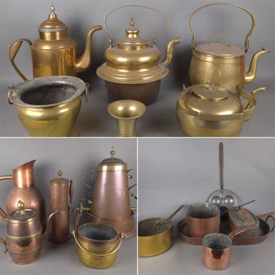plusieurs photos différentes montrant toute une gamme de casseroles et poêles anciennes en cuivre