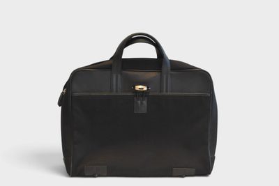 a black briefcase with a handle and two handles on a white background