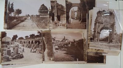 several old black and white photos of a man standing in front of a building