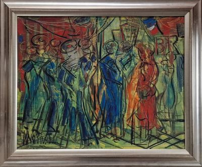 an oil painting of a group of people walking down a street