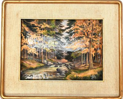 une peinture à l'huile représentant un ruisseau dans une forêt, avec des rochers et des arbres