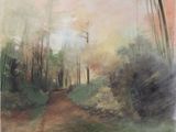 painting of a dirt road in a wooded area with trees