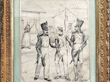 un dessin représentant un groupe d'hommes debout les uns à côté des autres