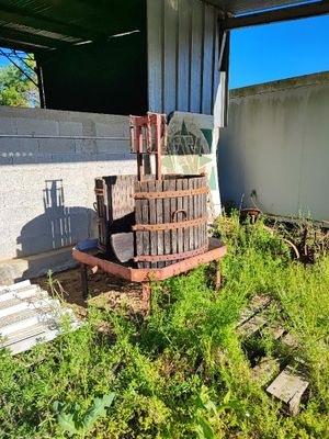 un vieux tonneau en bois posé dans l'herbe à côté d'un bâtiment