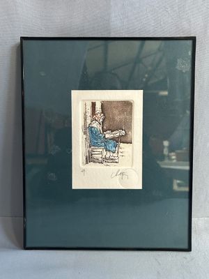 painting of a man sitting in a chair reading a book