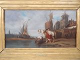 un tableau représentant un homme à cheval au bord d'un plan d'eau