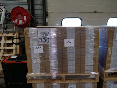 a stack of boxes sitting on top of a pallet in a warehouse