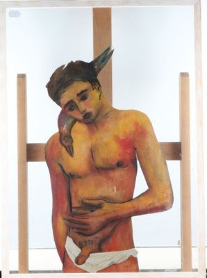 un tableau représentant un homme avec un oiseau sur la tête