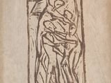 an old book with a drawing of a man holding a child