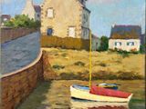 une peinture à l'huile représentant un petit bateau sur un plan d'eau