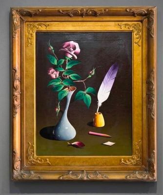 a painting of a vase with a rose and a quill next to it