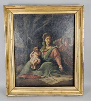 une peinture à l'huile représentant une femme tenant un enfant sur ses genoux