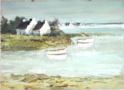 un tableau représentant des bateaux sur l'eau, près du rivage