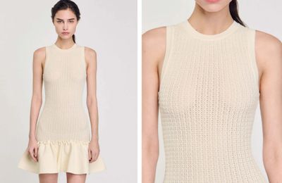 two photos of a woman in a white dress and a woman in a beige dress