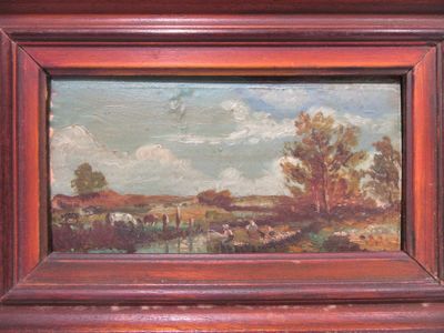 an oil painting of a landscape with cows grazing in a field