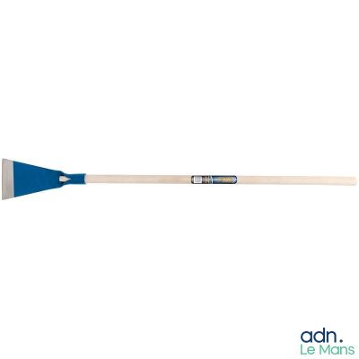 a wooden paddle with a blue handle on a white background