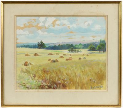 un tableau représentant un champ avec des balles de foin et des arbres au loin