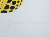 an image of a close up of a yellow and black polka dot print