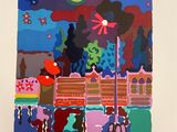 an image of a painting of people on a bridge at night