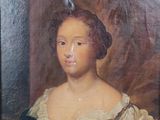 tableau représentant une femme en robe blanche avec un châle bleu