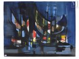 peinture abstraite de bateaux dans un port la nuit avec ciel bleu