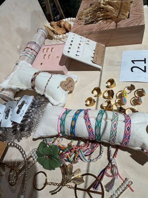 une table sur laquelle sont posés de nombreux bijoux
