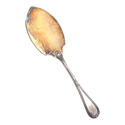 a silver spoon with a spoon handle on a white surface