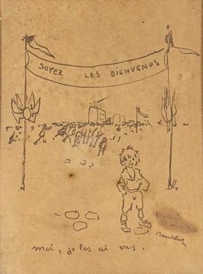 un vieux dessin représentant un garçon debout devant un mât