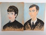two paintings of a man and a woman are on a wall