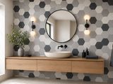 a bathroom with a sink and a mirror in it