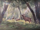 un tableau représentant un cerf dans les bois en compagnie d'autres animaux