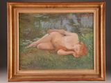 an oil painting of a naked woman laying on the grass