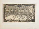 an old drawing of a boxing match in a large room