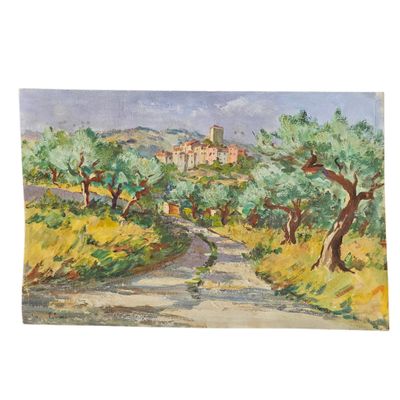 une peinture à l'huile représentant une route de campagne bordée d'arbres, avec une église au loin