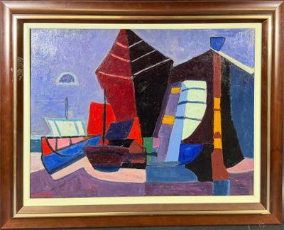une peinture à l'huile représentant des bateaux dans un port sous un ciel bleu